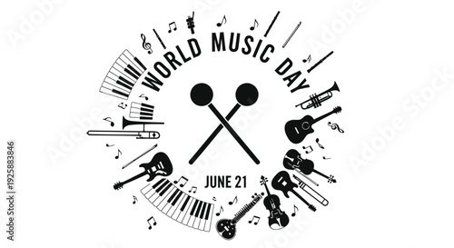 World Music Day vector illustration, musical instruments and symbols.