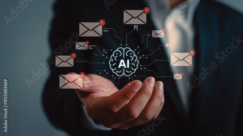 Artificial Intelligence Brain with Email Icons in Hand