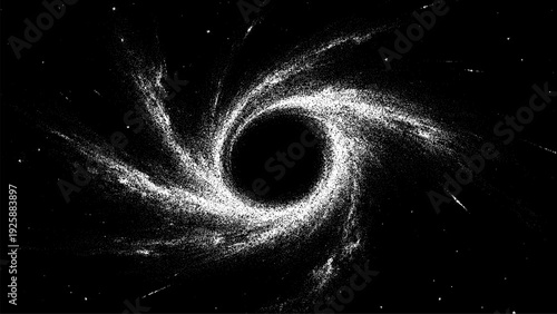 Abstract stipple dot black hole illustration. Swirling cosmic vortex graphic with white particles on dark background. Artistic space concept.