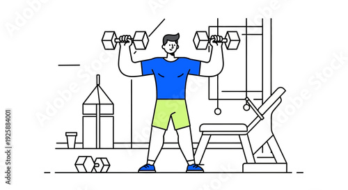 Man lifting dumbbells in a gym with equipment around