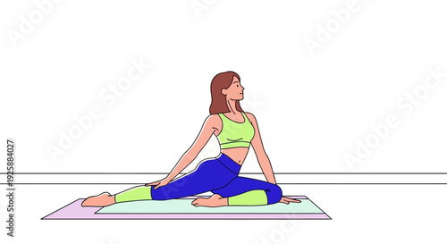Woman practicing yoga pose on a mat indoors with serene expression and flexible body posture