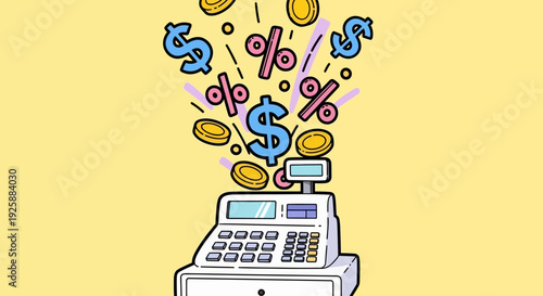Cash Register Emitting Currency Symbols and Coins in Financial Transaction Scene