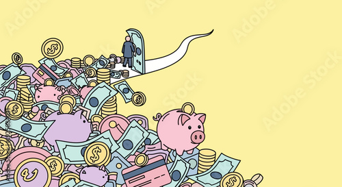 A person digs through a large pile of money and coins with a piggy bank