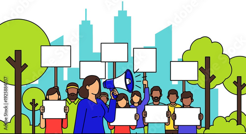 Group of people protesting in the city with signs and megaphone illustration