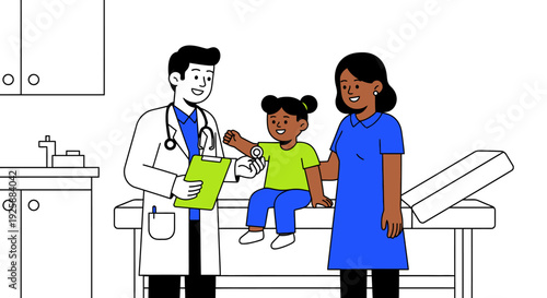Doctor consulting with mother and child in medical examination room from front view