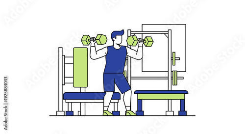 Man exercising with dumbbells in a gym on a bench illustration
