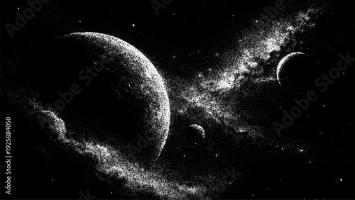 Cosmic planets and galaxy depicted on a stylish stipple illustration of outer space. Abstract vector celestial background for various design projects.