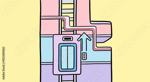 Illustration of abstract machinery with pipes and valves in pastel colors from a front viewpoint