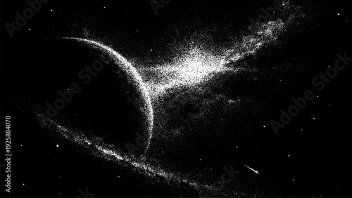 Distorted celestial body with rings and bright nebula in stipple art. Abstract space background design for science fiction projects.