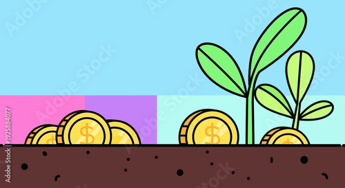 Coins growing into plants from soil viewed from the side in a colorful environment