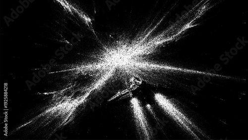 Explosion of white stipple dots on black background. Abstract vector dark space texture for digital design and web banner.