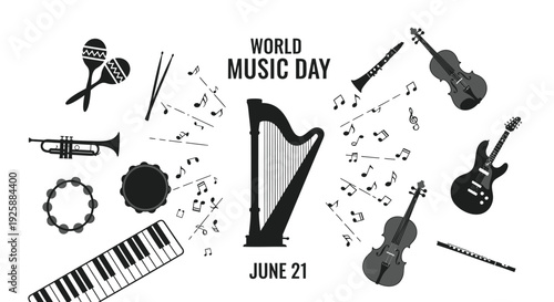 World Music Day icon set, June 21. Includes musical instruments, music notes, symbols. Created in black and white line style with simple illustrations.