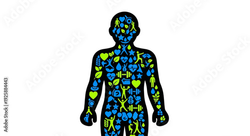 Human body illustration with blue and green abstract pattern on white background viewed from front