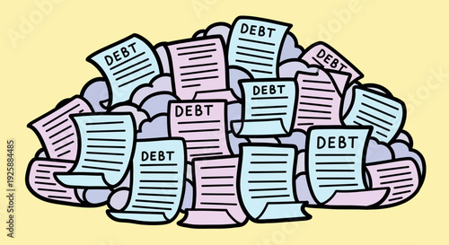 Overwhelming stack of debt documents illustration viewed from above