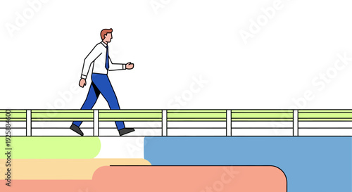 Man walking alone on bridge with abstract landscape below