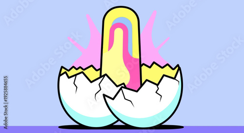 A cartoon lightbulb emerging from a cracked eggshell, symbolizing creativity and new ideas, in a simple, colorful illustration style.