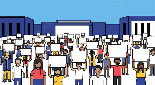 Crowd of people protesting in front of large buildings with blank signs