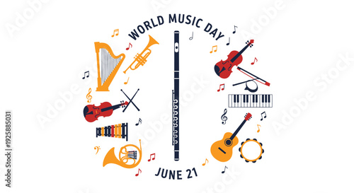 World Music Day icon set, June 21, musical instruments. Created in colorful vector style with orange and black palette.