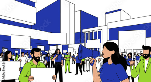 Protesters marching in city streets with banners and signs in urban environment from street level viewpoint