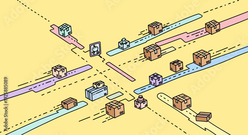 Vehicles and packages moving through a busy intersection from an aerial view