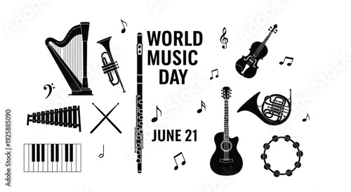 World Music Day icon set, June 21. Includes musical instruments and notes.
