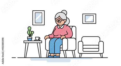 Elderly woman sitting in armchair beside table with cactus in a simple room