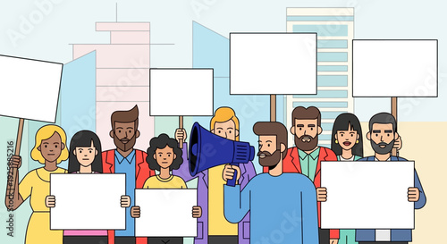 Diverse group of people protesting with signs and megaphone in city