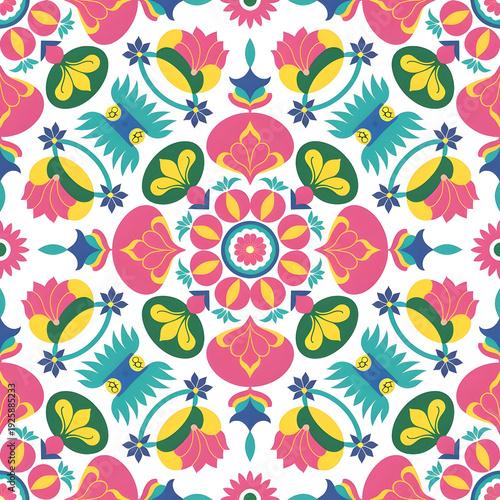 vector seamless repeating rangoli pattern in flat vector style. The design features symmetrical geometric shapes, floral motifs, peacocks, lotus flowers, and traditional oil lamps (divas).