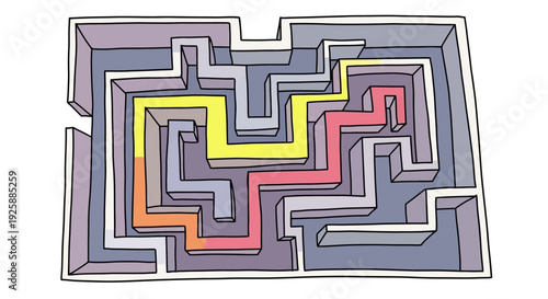 Navigating a Complex Maze with Multiple Paths and Colorful Routes from a Top-Down View