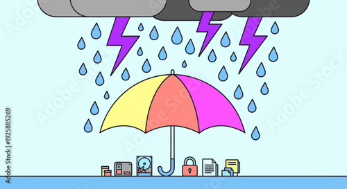 Multicolored umbrella shields icons from rain and lightning in stormy weather illustration
