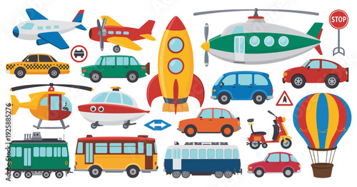 Collection of cartoon vehicles including airplanes helicopters cars buses and a rocket