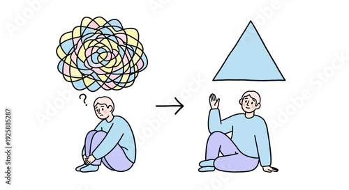 Man transforms complex thoughts into simple triangle shape sitting on the floor