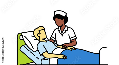 Nurse assisting patient in hospital bed from beside