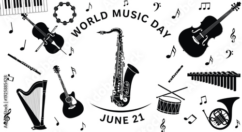 World Music Day icon set, June 21, musical instruments. Black and white vector illustration.