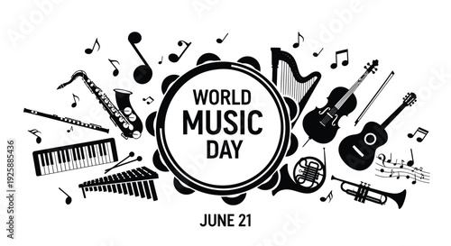 World Music Day icon collection. Includes musical instruments, music notes, drum. Created in black line style with monochrome palette.