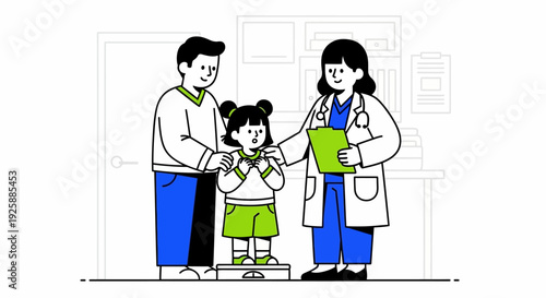 Doctor examining a young child with a parent in a clinical setting illustration