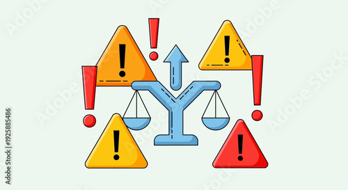 Balance scales with warning signs and exclamation marks surrounding justice symbol