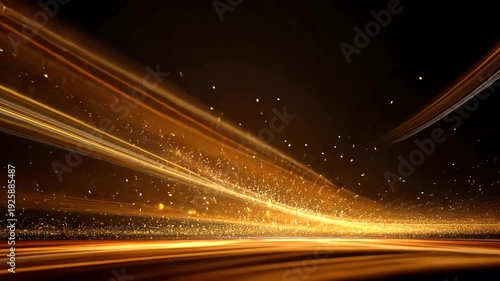 A dynamic, abstract scene with golden light streaks and particles, creating an energetic and bright backdrop