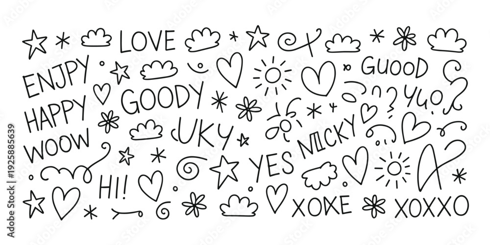Fototapeta premium Hand Drawn Doodle Words and Symbols on a White Background lettering