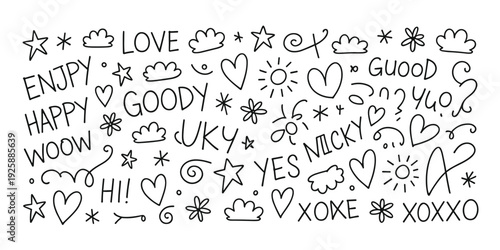 Hand Drawn Doodle Words and Symbols on a White Background lettering