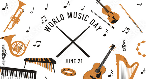 World Music Day icon set, 13 musical instruments and symbols. Created in flat style with colorful palette.