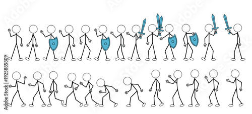 Stick Figure Characters with Swords Shields and Waving Poses people group