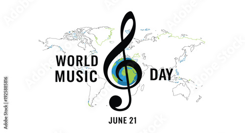 World Music Day icon vector, June 21, musical note globe