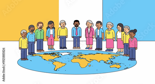 Diverse group standing on a world map illustration depicting global unity and cultural diversity