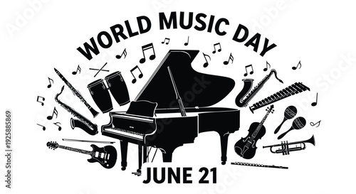 World Music Day icon set, June 21, musical instruments. Created in black and white vector style.