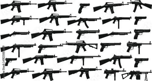 Black Silhouettes of Tactical Firearms Including Assault Rifles Shotguns Handguns and Machine Guns for Military Defense and Shooting Sports Graphic Design (20 words)