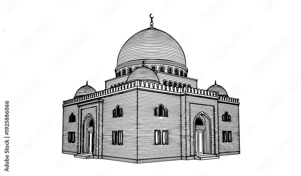 Obraz premium Vintage Style Line Engraving Vector of Al Bakiriya Mosque from 1990 Yemen Currency Isolated on White
