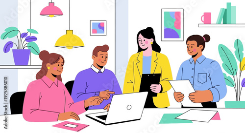 Team Collaboration Meeting in Modern Office Setting with Technology and Documents