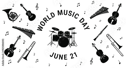 World Music Day icon set, June 21, musical instruments. Created in black line style with white background