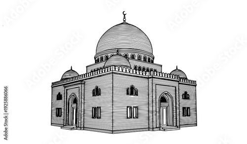 Vintage Style Line Engraving Vector of Al Bakiriya Mosque from 1990 Yemen Currency Isolated on White